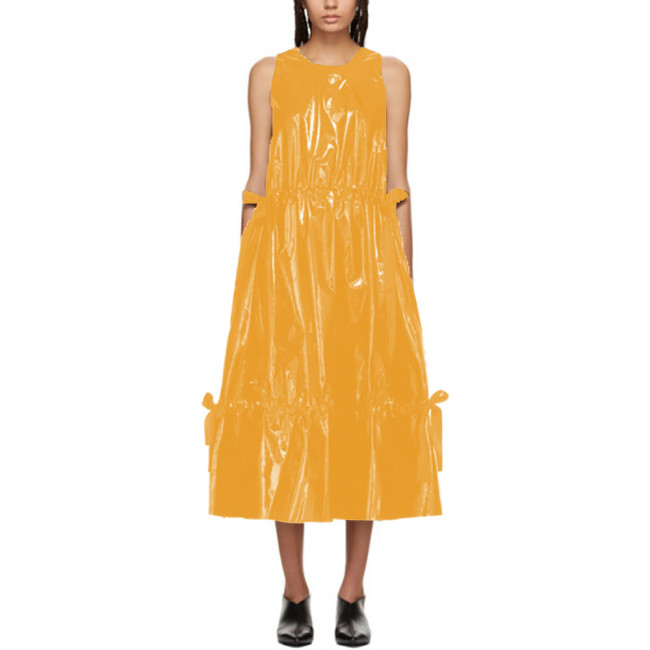 Women's fashion Casual A-line pleated Dress with Bow Faux Leather Stretch Slim Round Neck Thigh Length Candy Color Fashion