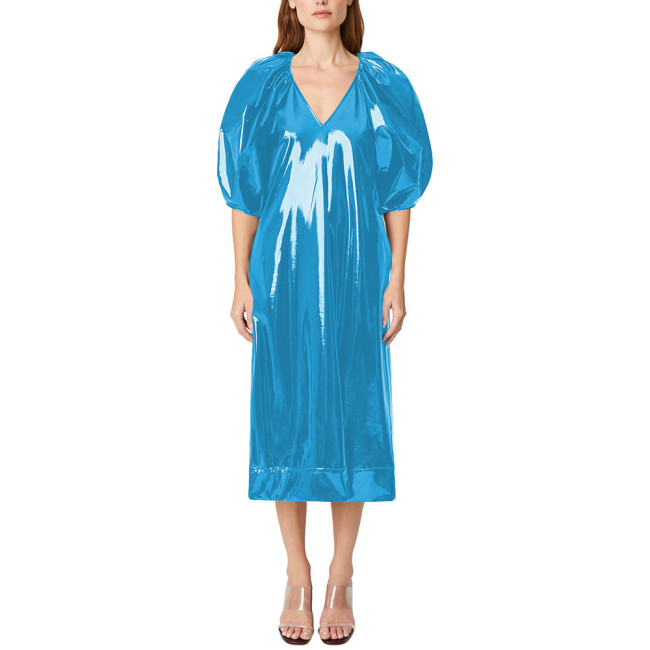 Evening Party Glossy PVC Elegant Midi Prom Dress Puff Short Sleeves V-Neck Solid Straight Dresses Event Formal Gown for Womens
