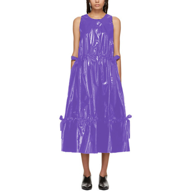 Women's fashion Casual A-line pleated Dress with Bow Faux Leather Stretch Slim Round Neck Thigh Length Candy Color Fashion