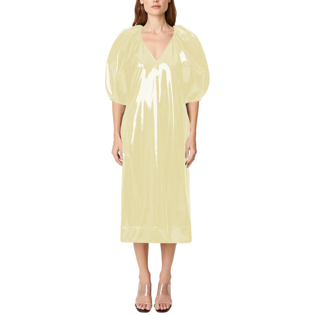 Evening Party Glossy PVC Elegant Midi Prom Dress Puff Short Sleeves V-Neck Solid Straight Dresses Event Formal Gown for Womens