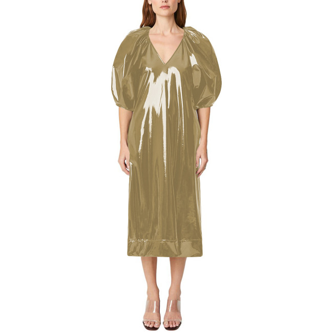 Evening Party Glossy PVC Elegant Midi Prom Dress Puff Short Sleeves V-Neck Solid Straight Dresses Event Formal Gown for Womens