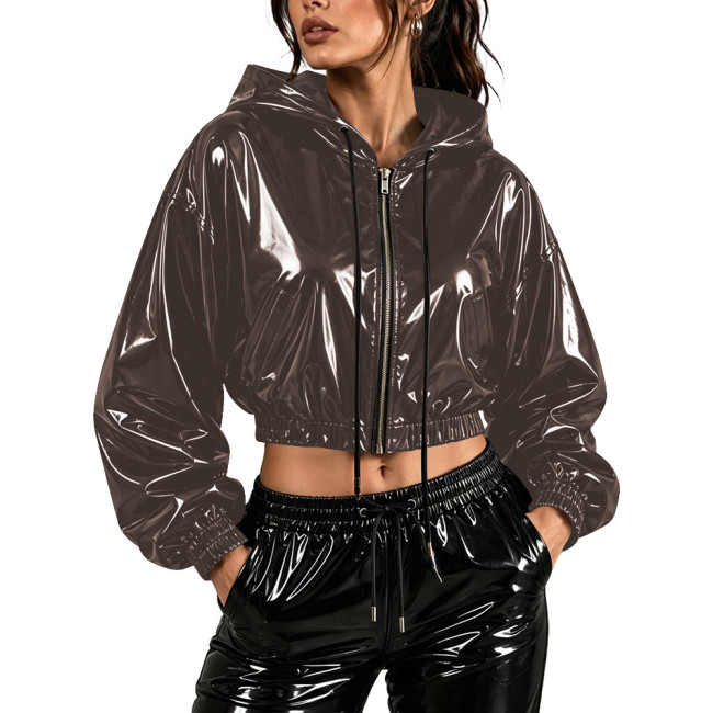 Fashion Wet Look Cropped Hoodie Tops for Womens PVC Shiny Full Zip Drawstring Long Sleeve Crop Jacket Club Stage Party Outfit