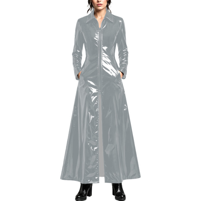 Ladies Elegant Turn-down Collar Glossy Maxi Long Trench Coat Front Zip PVC Vinyl Leather Outwear Windproof Casual Night Clubwear