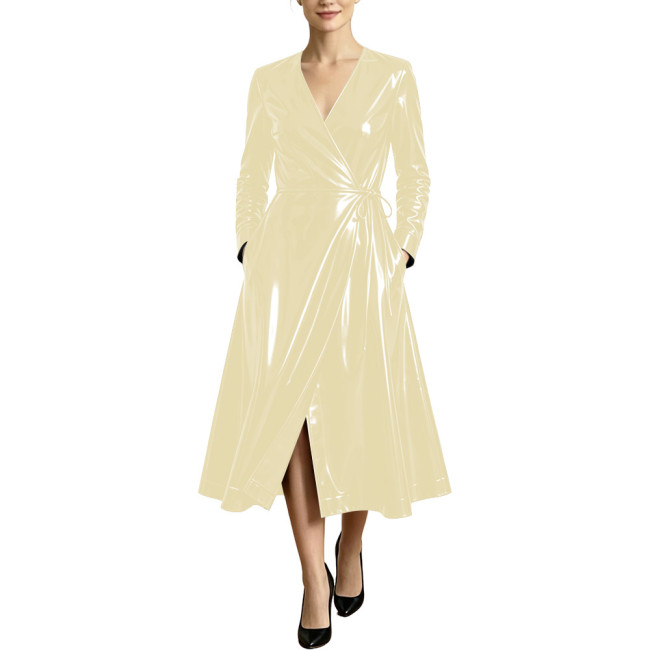 Women High Street Long Sleeve Glossy Faux Leather Midi Dress PVC Shiny Cubwear Party Evening V-neck Lace-up A-line Swing Dresses