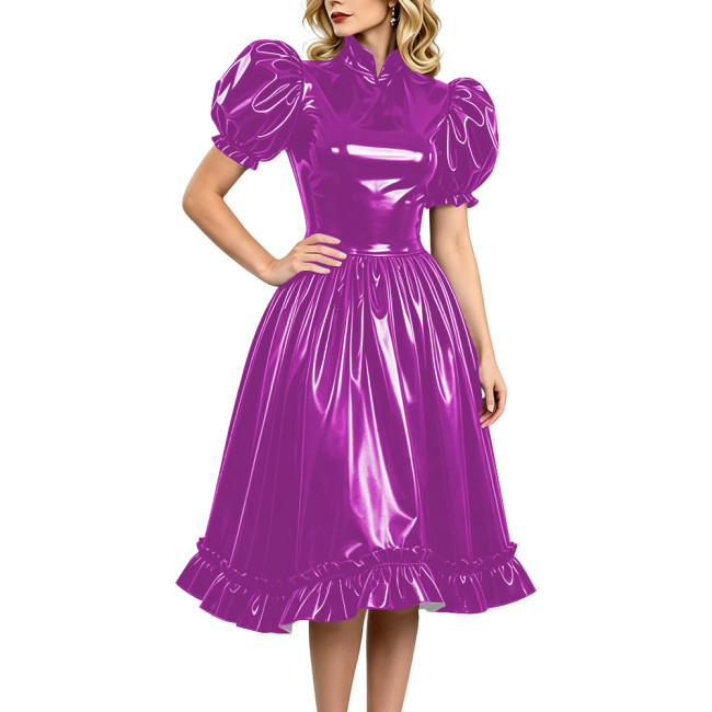 Elegant Wet Look Vinyl Dress Short Puff Sleeve Knee-length Glossy Dress with Ruffled Hem Party Club Stand Collar Swing Prom Gown