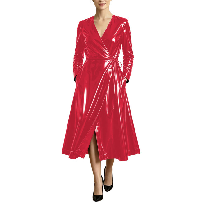 Women High Street Long Sleeve Glossy Faux Leather Midi Dress PVC Shiny Cubwear Party Evening V-neck Lace-up A-line Swing Dresses