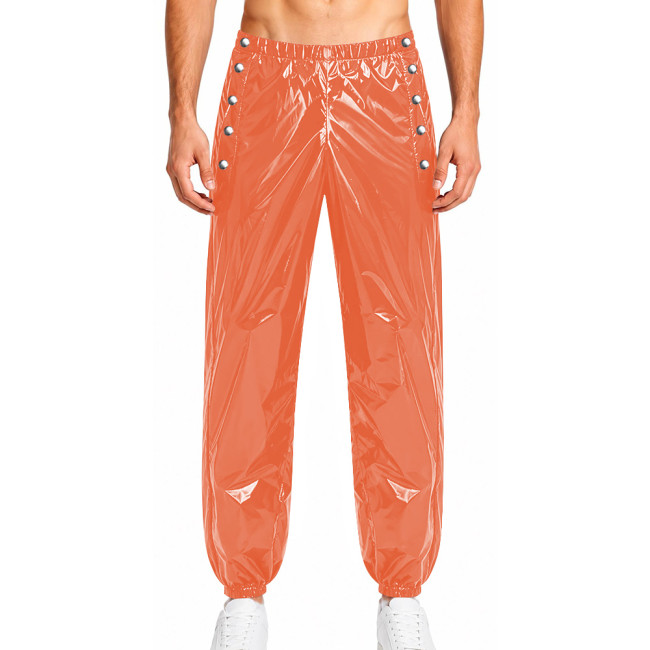 Mens Glossy Solid Color Jogger Pants Elastic Waist Side Button-up Wet Look Trousers PVC Sweatpants Club Carnival Cosplay Outfits
