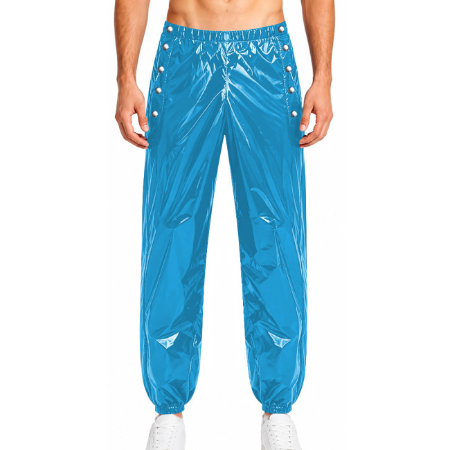 Mens Glossy Solid Color Jogger Pants Elastic Waist Side Button-up Wet Look Trousers PVC Sweatpants Club Carnival Cosplay Outfits