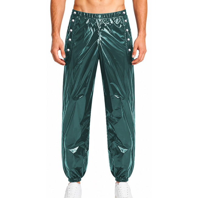 Mens Glossy Solid Color Jogger Pants Elastic Waist Side Button-up Wet Look Trousers PVC Sweatpants Club Carnival Cosplay Outfits