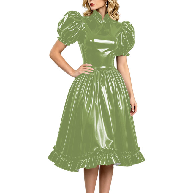 Elegant Wet Look Vinyl Dress Short Puff Sleeve Knee-length Glossy Dress with Ruffled Hem Party Club Stand Collar Swing Prom Gown