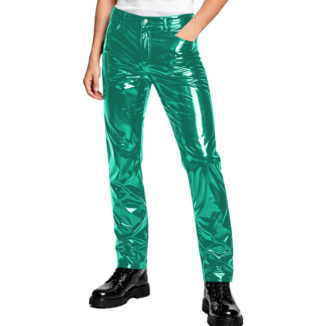 Mens Glossy Patent Vinyl Straight Pants High Waist Wet Look PVC Trousers with Pockets Button Zipper Nightclub Costume Streetwear