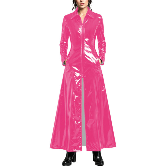 Ladies Elegant Turn-down Collar Glossy Maxi Long Trench Coat Front Zip PVC Vinyl Leather Outwear Windproof Casual Night Clubwear