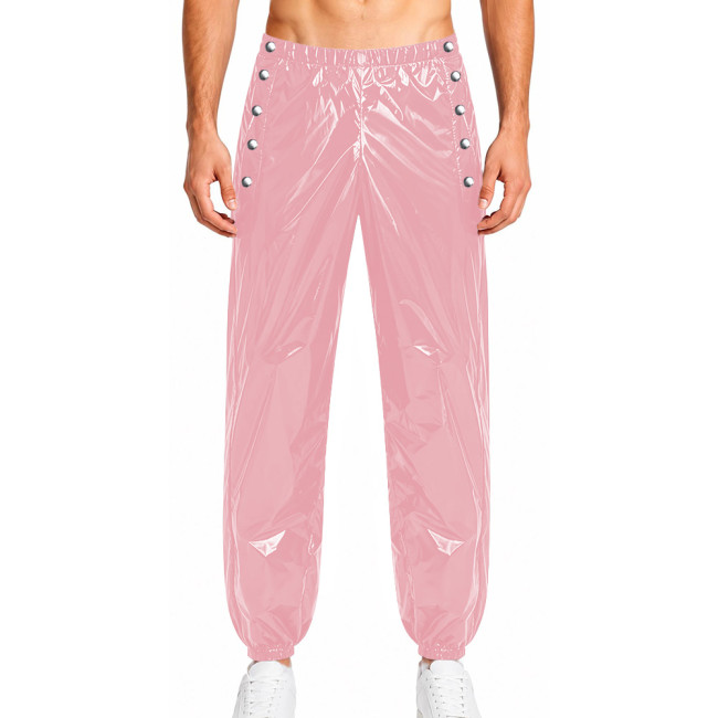 Mens Glossy Solid Color Jogger Pants Elastic Waist Side Button-up Wet Look Trousers PVC Sweatpants Club Carnival Cosplay Outfits