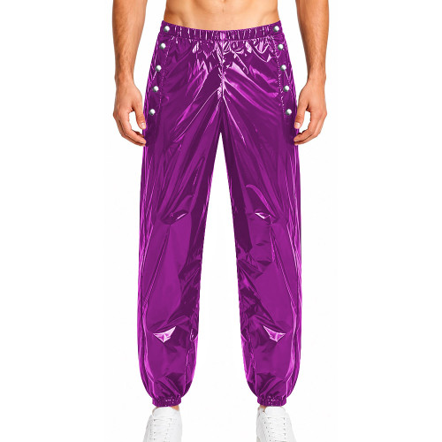 Mens Glossy Solid Color Jogger Pants Elastic Waist Side Button-up Wet Look Trousers PVC Sweatpants Club Carnival Cosplay Outfits