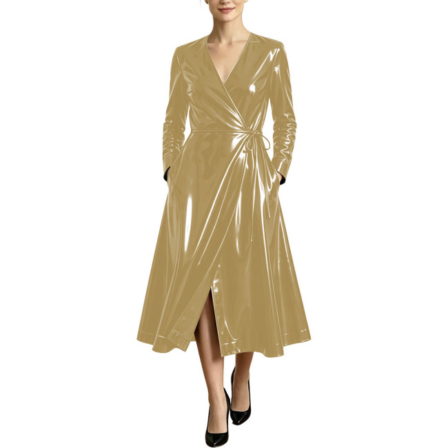 Women High Street Long Sleeve Glossy Faux Leather Midi Dress PVC Shiny Cubwear Party Evening V-neck Lace-up A-line Swing Dresses