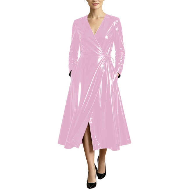 Women High Street Long Sleeve Glossy Faux Leather Midi Dress PVC Shiny Cubwear Party Evening V-neck Lace-up A-line Swing Dresses