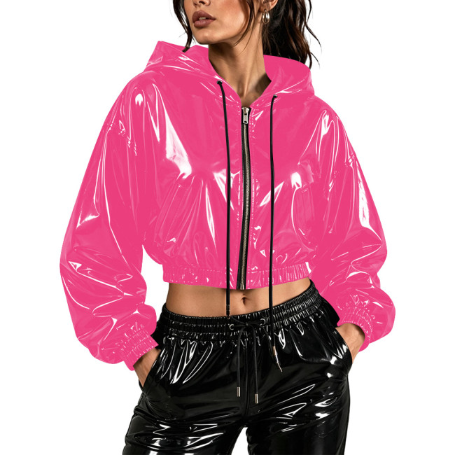 Fashion Wet Look Cropped Hoodie Tops for Womens PVC Shiny Full Zip Drawstring Long Sleeve Crop Jacket Club Stage Party Outfit