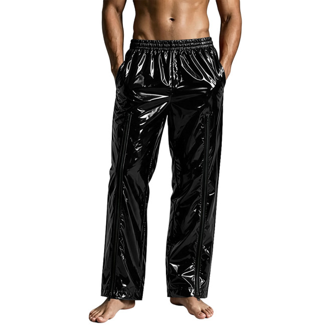 Men Shiny PVC Wet Look Pants Elastic Waist Glossy Straight Trousers with Side Zippers Vinyl Clubwear Halloween Cosplay Outfit