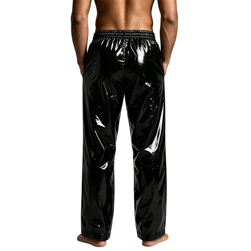 Men Shiny PVC Wet Look Pants Elastic Waist Glossy Straight Trousers with Side Zippers Vinyl Clubwear Halloween Cosplay Outfit