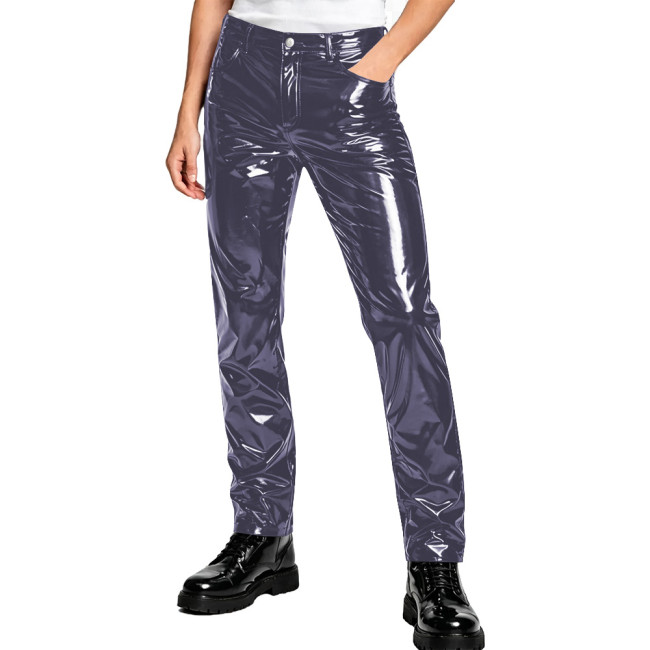 Mens Glossy Patent Vinyl Straight Pants High Waist Wet Look PVC Trousers with Pockets Button Zipper Nightclub Costume Streetwear