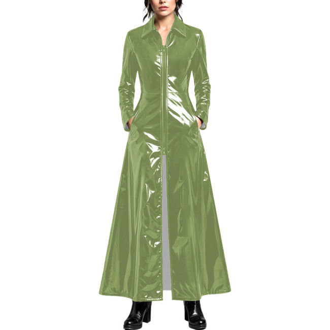 Ladies Elegant Turn-down Collar Glossy Maxi Long Trench Coat Front Zip PVC Vinyl Leather Outwear Windproof Casual Night Clubwear