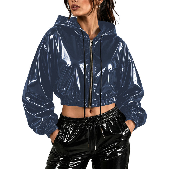 Fashion Wet Look Cropped Hoodie Tops for Womens PVC Shiny Full Zip Drawstring Long Sleeve Crop Jacket Club Stage Party Outfit