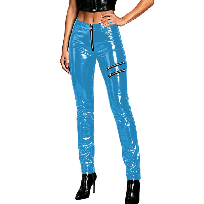 High Waist Vinyl PVC Leather Moto Pants Women's Punk Bodycon Stretchy Slim Wetlook Trousers Streetwear Female Zipper Clubwear