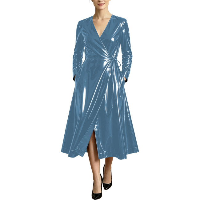 Women High Street Long Sleeve Glossy Faux Leather Midi Dress PVC Shiny Cubwear Party Evening V-neck Lace-up A-line Swing Dresses
