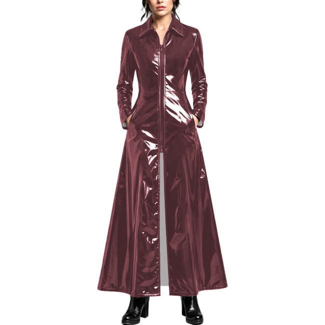 Ladies Elegant Turn-down Collar Glossy Maxi Long Trench Coat Front Zip PVC Vinyl Leather Outwear Windproof Casual Night Clubwear