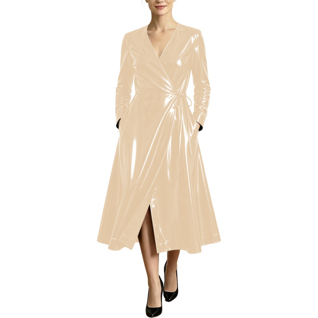 Women High Street Long Sleeve Glossy Faux Leather Midi Dress PVC Shiny Cubwear Party Evening V-neck Lace-up A-line Swing Dresses