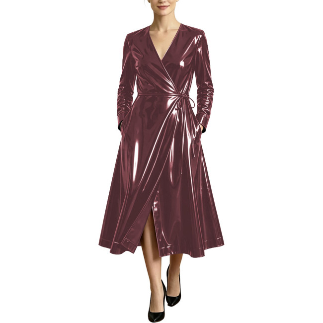 Women High Street Long Sleeve Glossy Faux Leather Midi Dress PVC Shiny Cubwear Party Evening V-neck Lace-up A-line Swing Dresses
