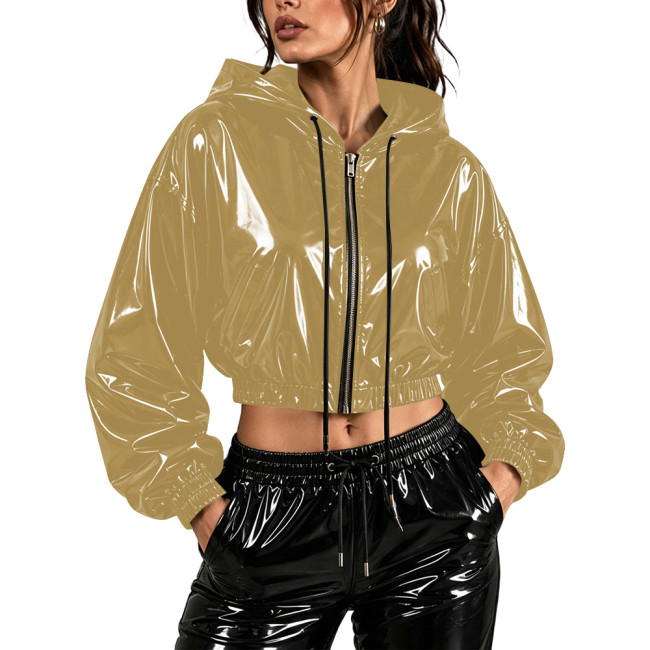 Fashion Wet Look Cropped Hoodie Tops for Womens PVC Shiny Full Zip Drawstring Long Sleeve Crop Jacket Club Stage Party Outfit