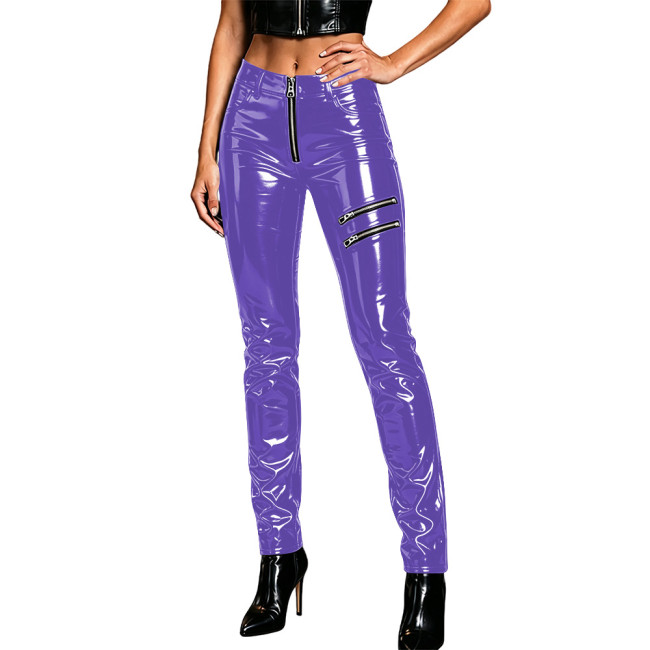 High Waist Vinyl PVC Leather Moto Pants Women's Punk Bodycon Stretchy Slim Wetlook Trousers Streetwear Female Zipper Clubwear