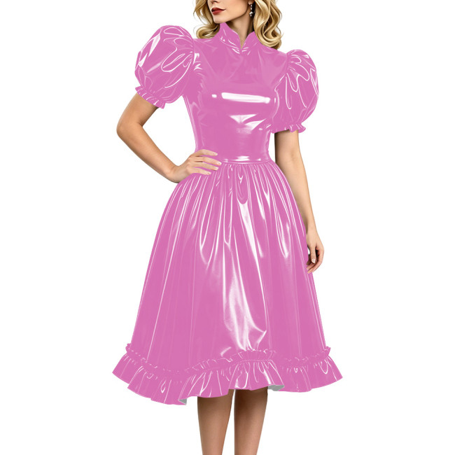 Elegant Wet Look Vinyl Dress Short Puff Sleeve Knee-length Glossy Dress with Ruffled Hem Party Club Stand Collar Swing Prom Gown