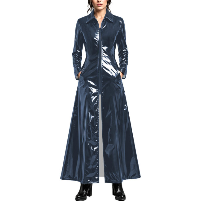 Ladies Elegant Turn-down Collar Glossy Maxi Long Trench Coat Front Zip PVC Vinyl Leather Outwear Windproof Casual Night Clubwear