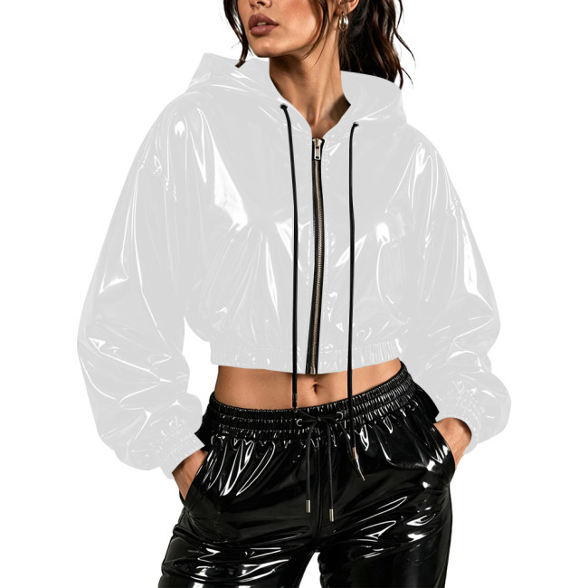 Fashion Wet Look Cropped Hoodie Tops for Womens PVC Shiny Full Zip Drawstring Long Sleeve Crop Jacket Club Stage Party Outfit