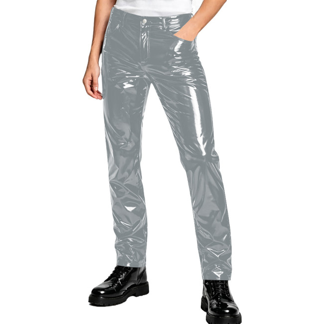 Mens Glossy Patent Vinyl Straight Pants High Waist Wet Look PVC Trousers with Pockets Button Zipper Nightclub Costume Streetwear