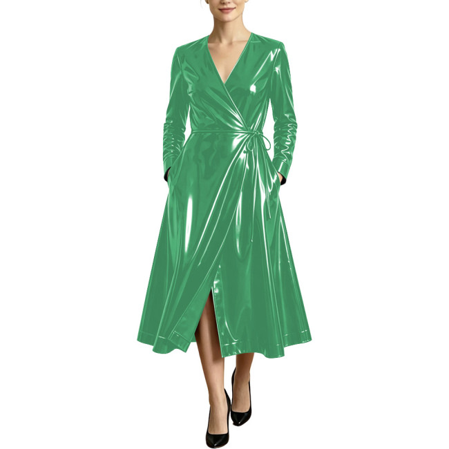 Women High Street Long Sleeve Glossy Faux Leather Midi Dress PVC Shiny Cubwear Party Evening V-neck Lace-up A-line Swing Dresses