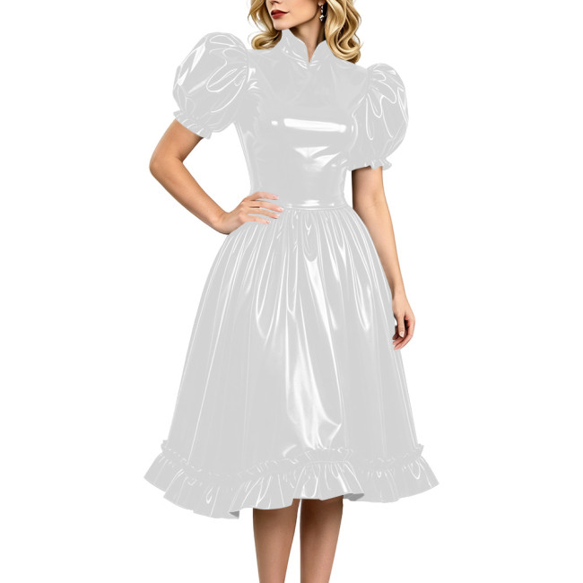 Elegant Wet Look Vinyl Dress Short Puff Sleeve Knee-length Glossy Dress with Ruffled Hem Party Club Stand Collar Swing Prom Gown