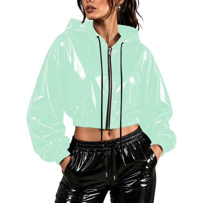 Fashion Wet Look Cropped Hoodie Tops for Womens PVC Shiny Full Zip Drawstring Long Sleeve Crop Jacket Club Stage Party Outfit