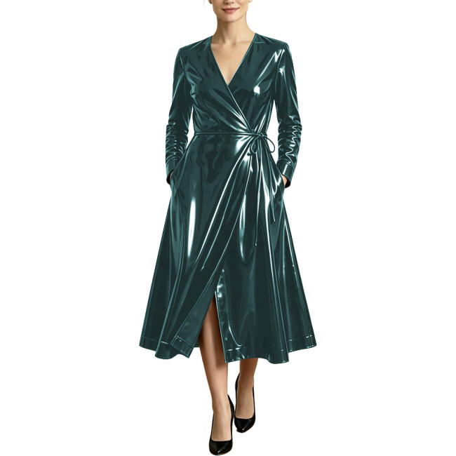 Women High Street Long Sleeve Glossy Faux Leather Midi Dress PVC Shiny Cubwear Party Evening V-neck Lace-up A-line Swing Dresses