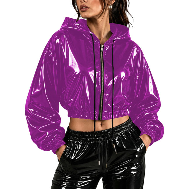Fashion Wet Look Cropped Hoodie Tops for Womens PVC Shiny Full Zip Drawstring Long Sleeve Crop Jacket Club Stage Party Outfit