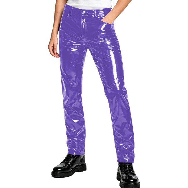 Mens Glossy Patent Vinyl Straight Pants High Waist Wet Look PVC Trousers with Pockets Button Zipper Nightclub Costume Streetwear