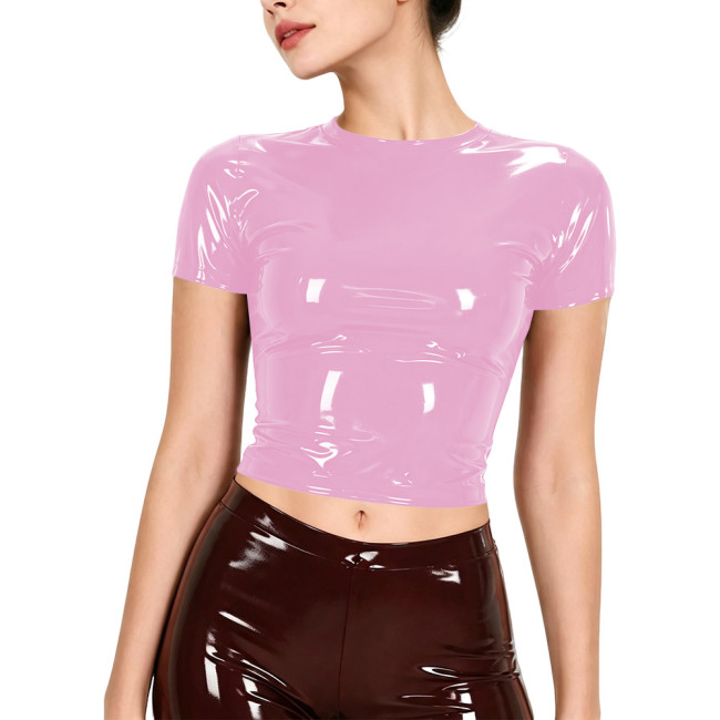 Plus Size Womens Glossy Short Sleeve Crop Top Casual High Street Solid Color O Neck Zipper Back T-shirt Tops PVC Shiny Clubwear