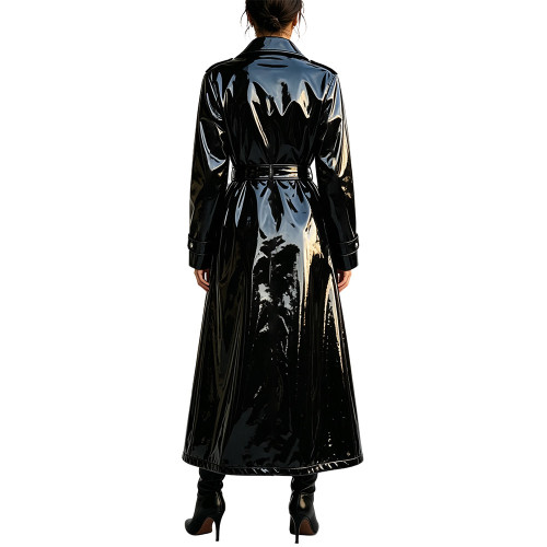 Women Fashion Solid Color PVC Shiny Long Trench Coat Lapel Collar Belted Single Breasted Wet Look Maxi Overcoat Punk Clubwear