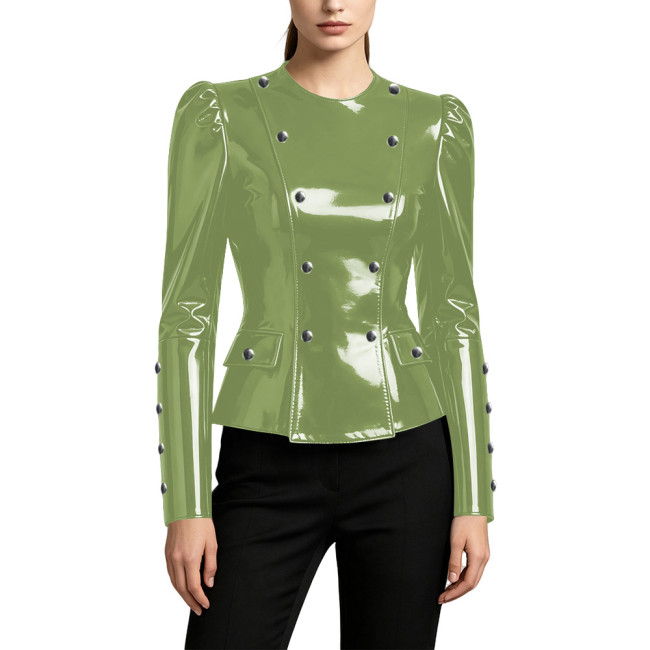 Shiny Vinyl PVC Peplum Jackets for Womens Long Sleeve Round Neck Button-up Slim Waist Wet Look Tops Night Club Fashion Outerwear