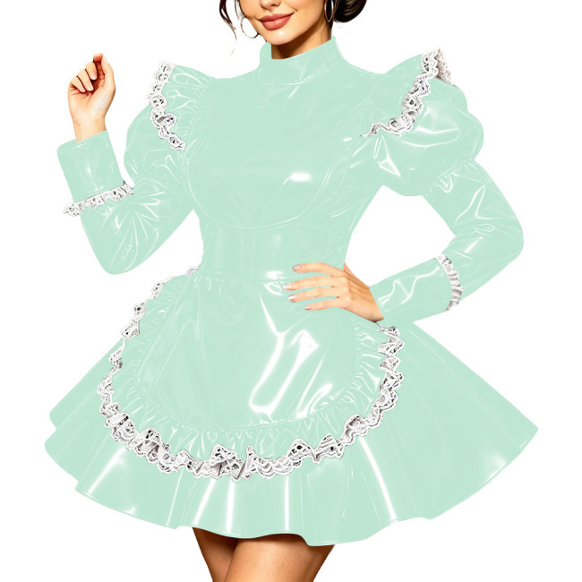 Sissy Lockable PVC French A-line Maid Dress High Neck Puff Long Sleeve Pleated Wetlook Apron Maid Uniforms Cosplay Party Costume