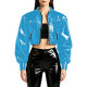 Punk Moto Glossy PVC Cropped Jacket Stand Collar Puff Long Sleeve Zip Up Pocket Short Coat Shiny Streetwear Outerwear for Womens