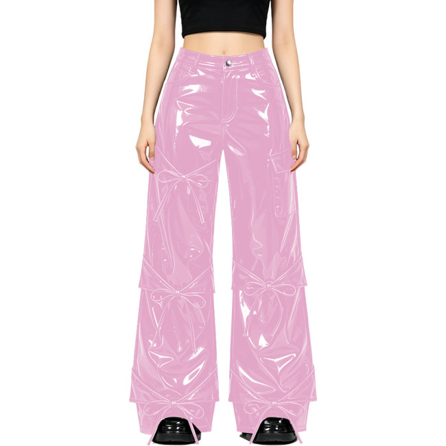 Plus Size Glossy Faux Leather Bell Bottom Cargo Pants for Women Bow Tie Decor High Waist Wet Look Flared Pant High Street Outfit