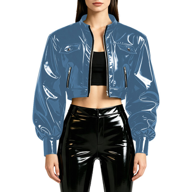 Punk Moto Glossy PVC Cropped Jacket Stand Collar Puff Long Sleeve Zip Up Pocket Short Coat Shiny Streetwear Outerwear for Womens